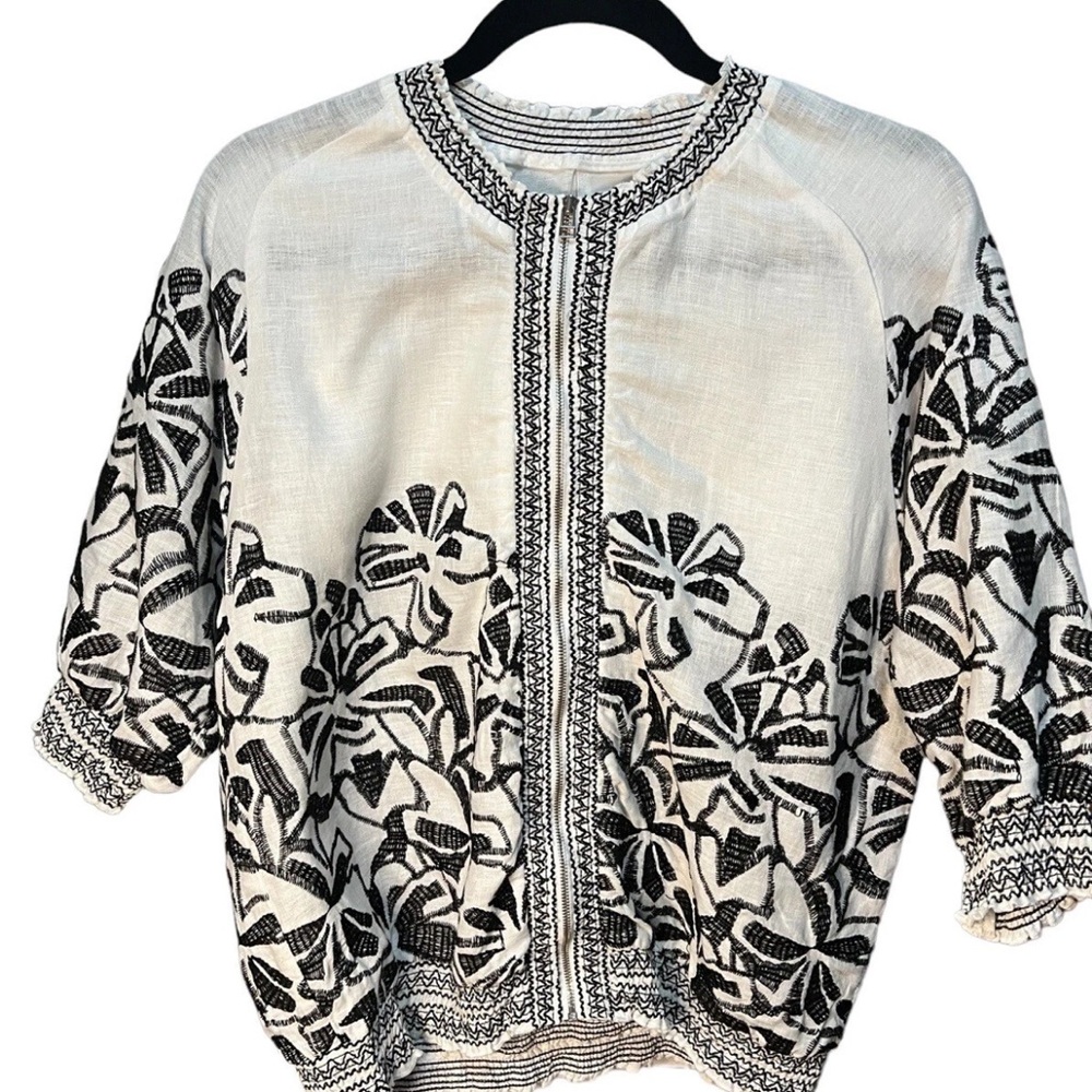 Chico's White and Black Embroidered Floral Linen Blouse